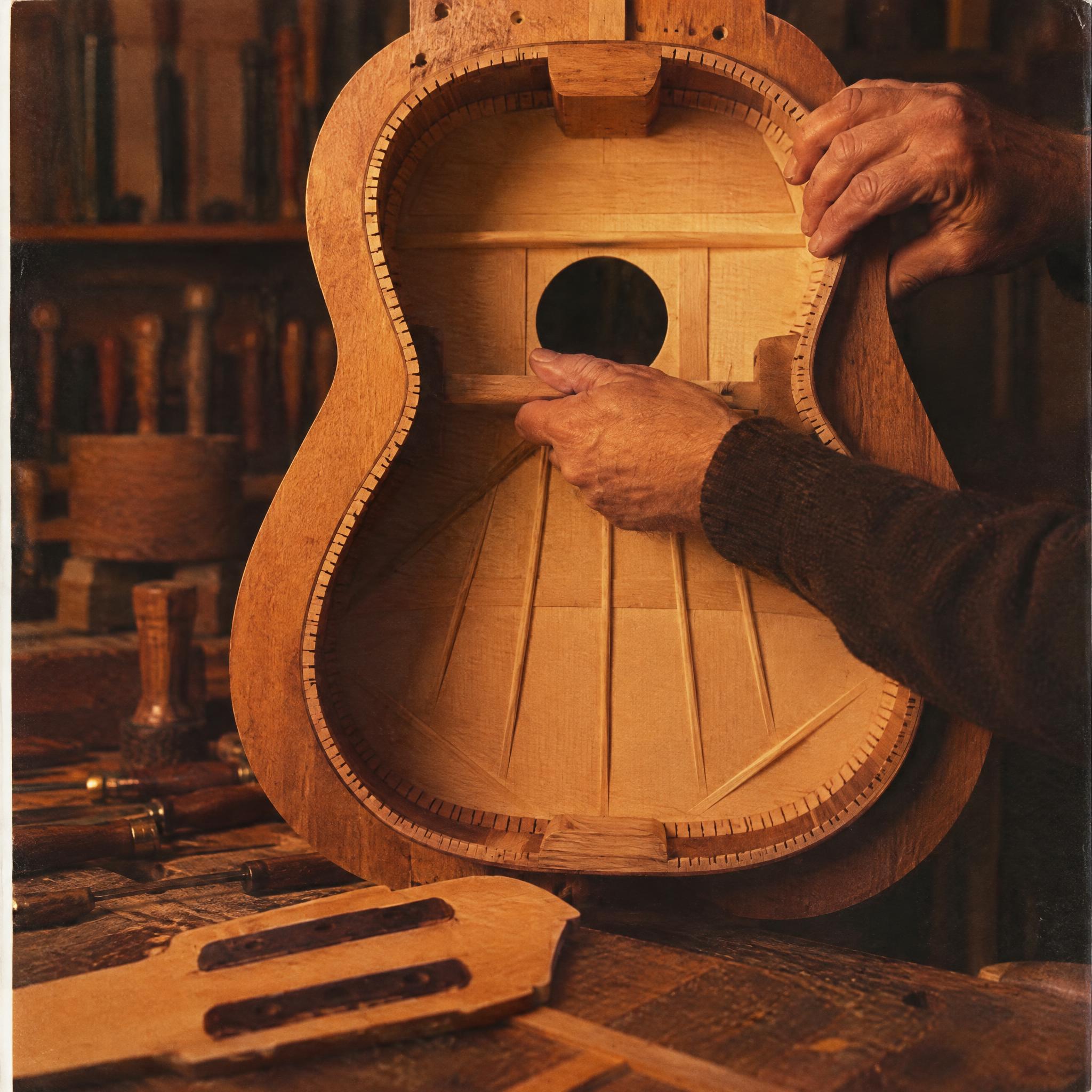 A luthier's hands bracing the open body of an acoustic guitar in a warm workshop