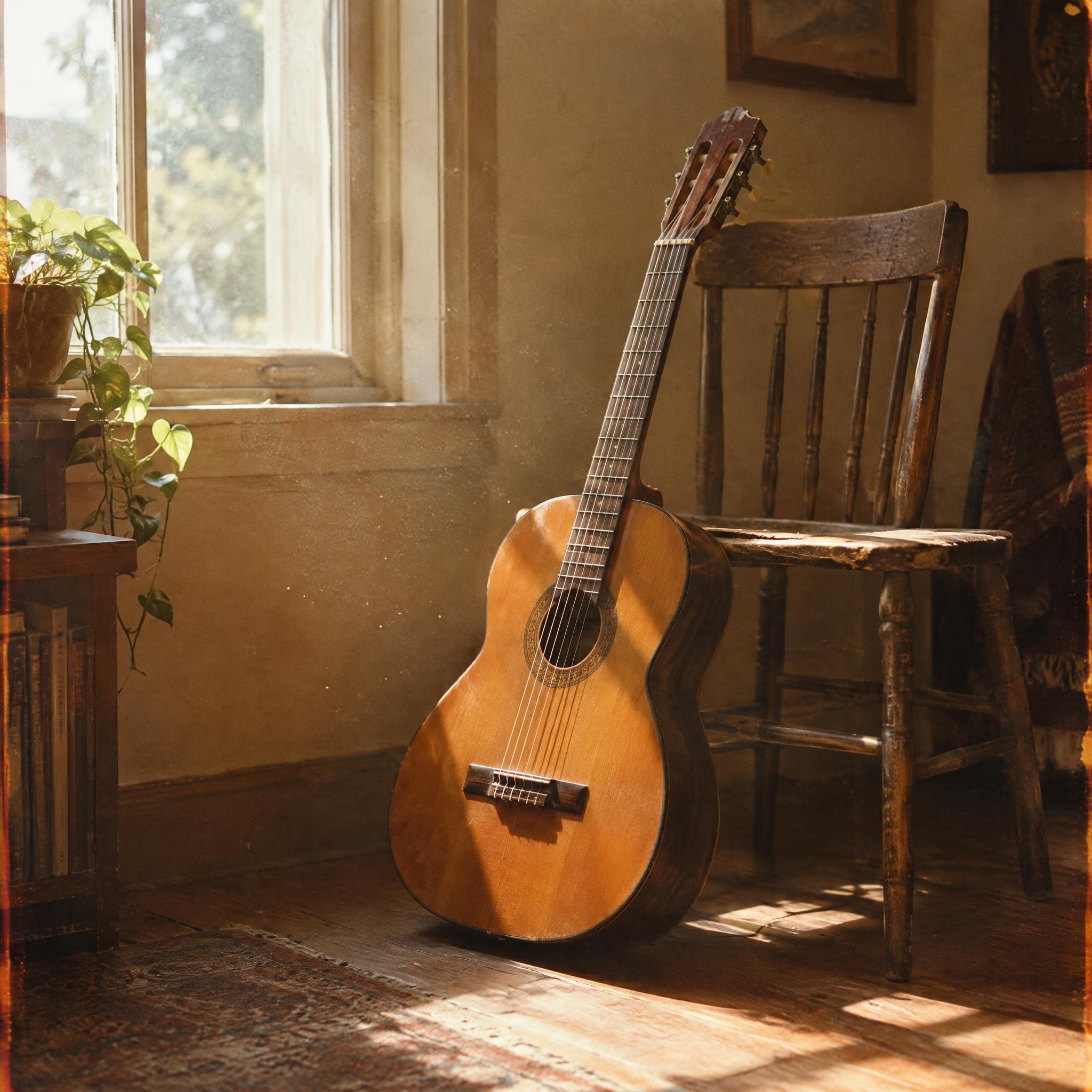 A classical guitar resting against an old wooden chair in a sunlit corner by a window