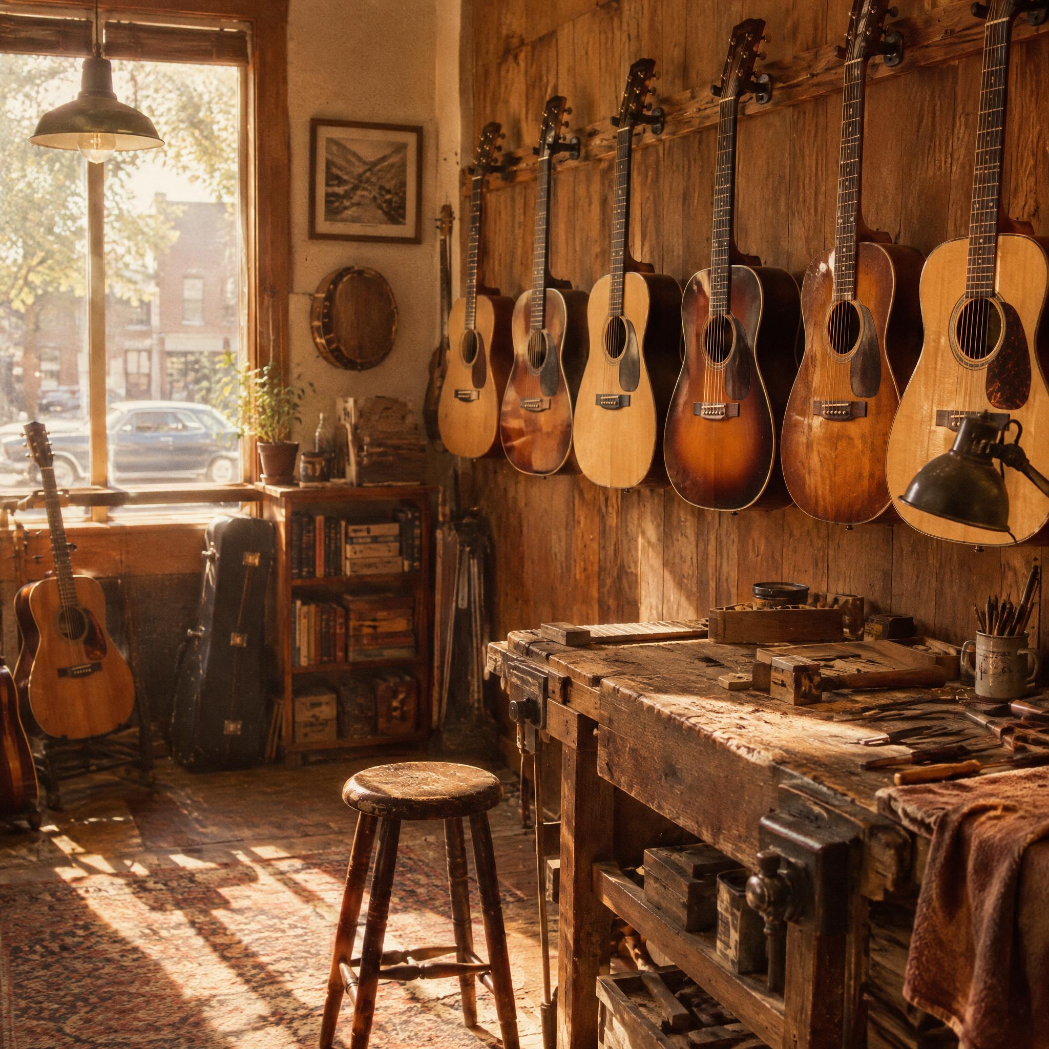 A small vintage guitar shop with acoustic guitars hanging above a well-worn workbench in warm light