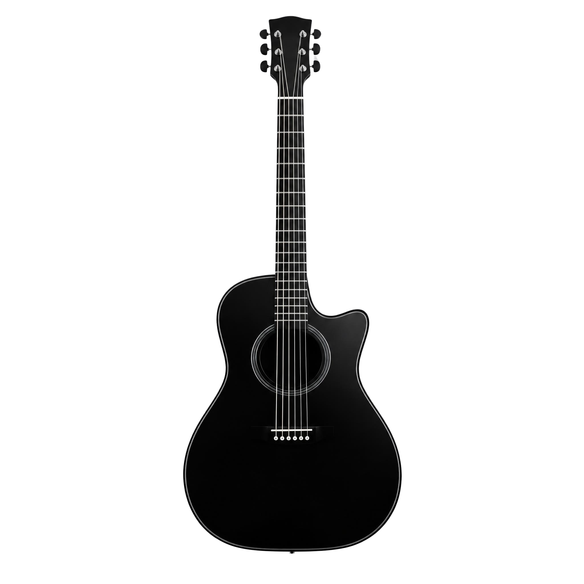 A black acoustic guitar standing upright