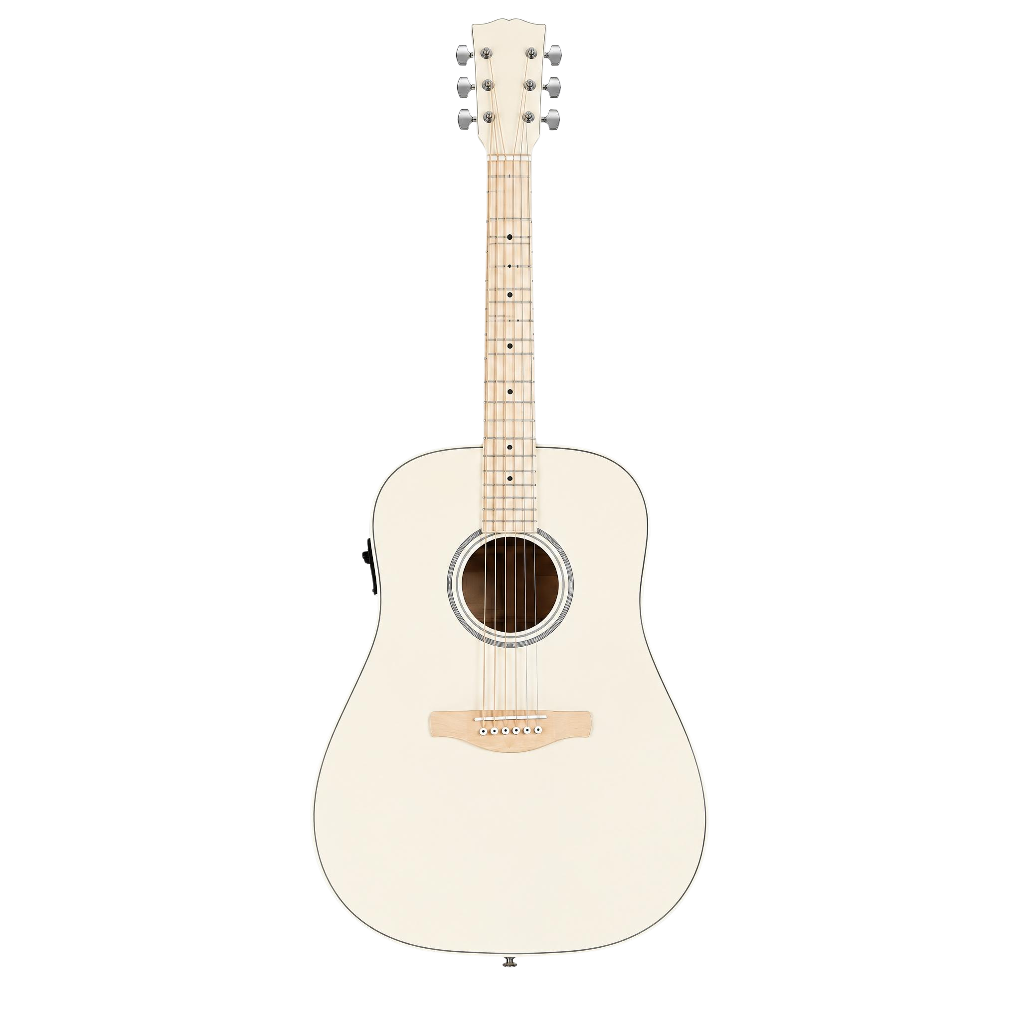 A white acoustic guitar standing upright